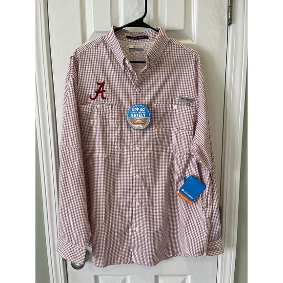 NWT Columbia Super Tamiami Sz L Alabama Crimson Tide Grid Check L/S Vented Shirt - Picture 1 of 10